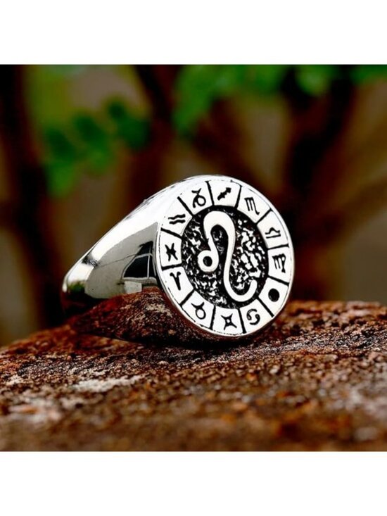 PAURO Men Silver Leo Stainless Steel Simple Constellation Zodiac Signet Ring